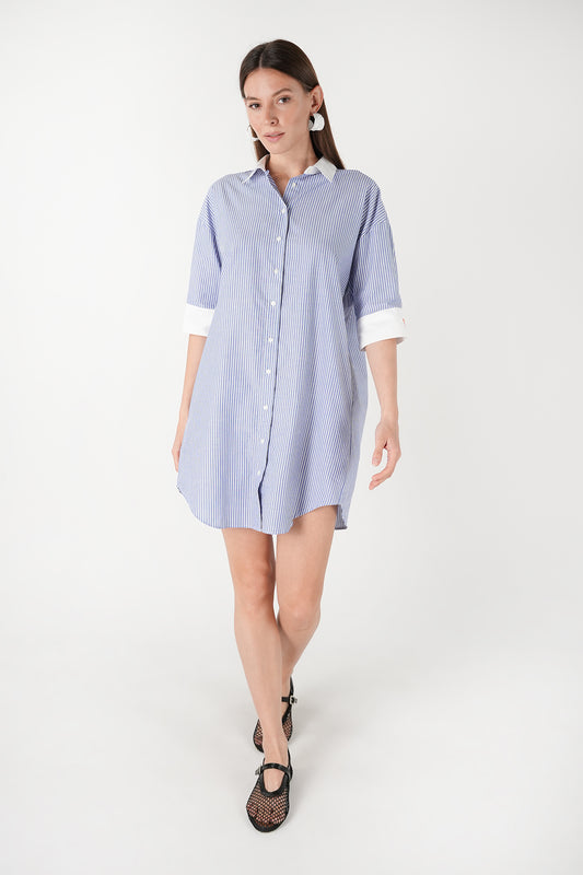 Çizgili  poplin gömlek elbise