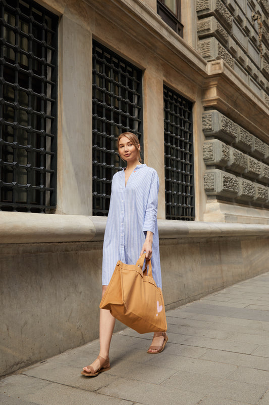 SF13 Mavi Çizgili Hakim Yaka İki Cepli Gömlek Elbise