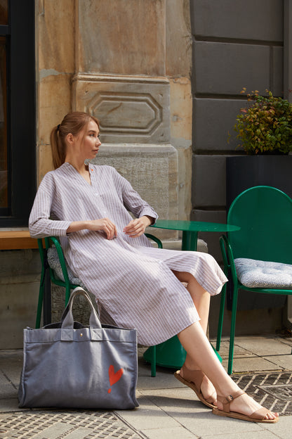 Çizgili Keten Dokulu Elbise | 02