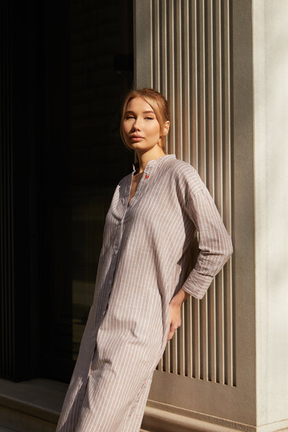 Çizgili Keten Dokulu Elbise | 02