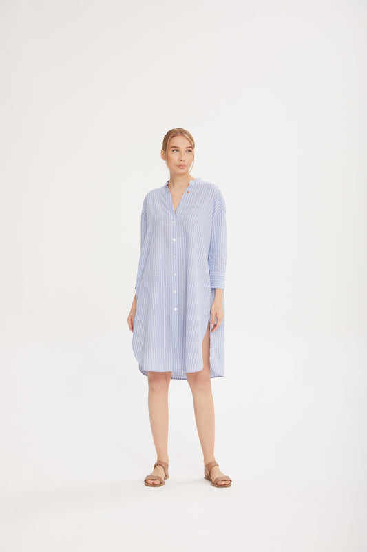 Çizgili Keten Dokulu Gömlek Elbise