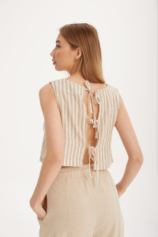 SF12 Sırt Bağcıklı Nude–Beyaz Çizgili Crop Üst