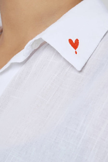 Keten Dokulu Gömlek Elbise | Beyaz