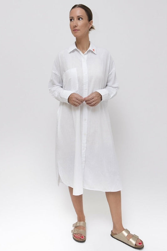 Keten Dokulu Gömlek Elbise | Beyaz