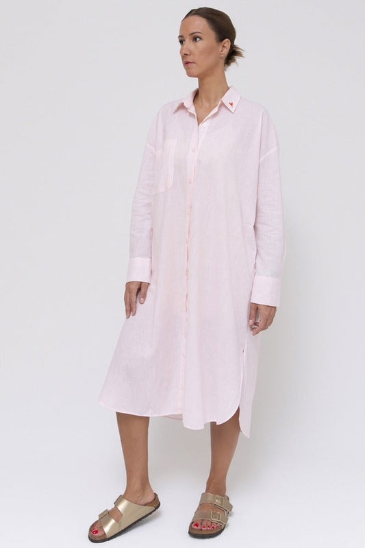 Keten Dokulu Gömlek Elbise | Pembe